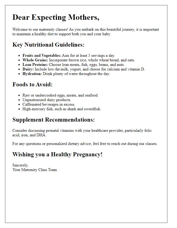 Letter template of prenatal dietary information for maternity classes.