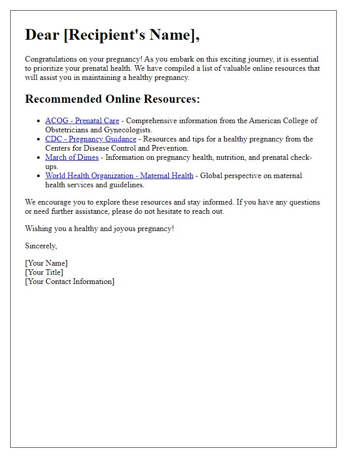 Letter template of prenatal health guidance for online resources.