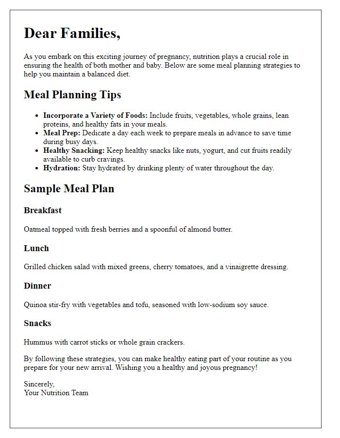 Letter template of prenatal meal planning strategies for families.