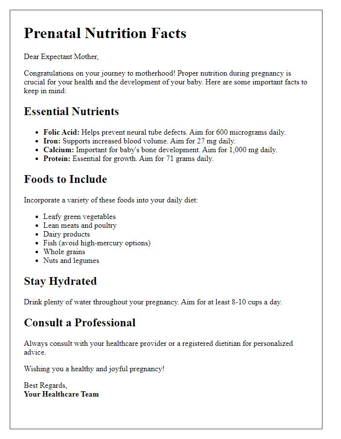 Letter template of prenatal nutrition facts for educational pamphlets.