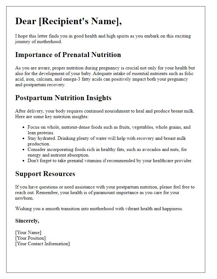 Letter template of prenatal nutrition insights for postpartum care.