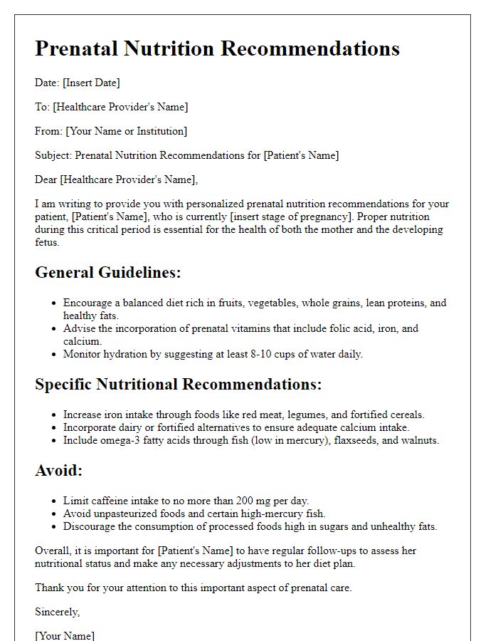 Letter template of prenatal nutrition recommendations for healthcare providers.