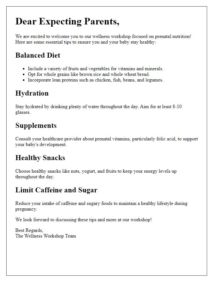 Letter template of prenatal nutrition tips for wellness workshops.