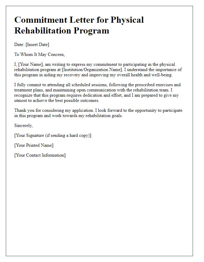 Letter template of commitment for physical rehabilitation program application