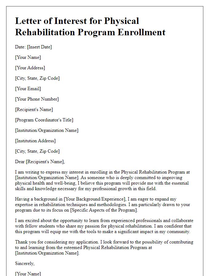 Letter template of interest for physical rehabilitation program enrollment