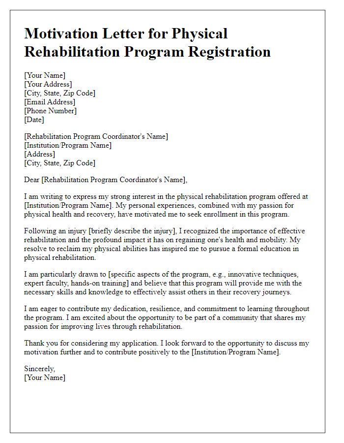 Letter template of motivation for physical rehabilitation program registration