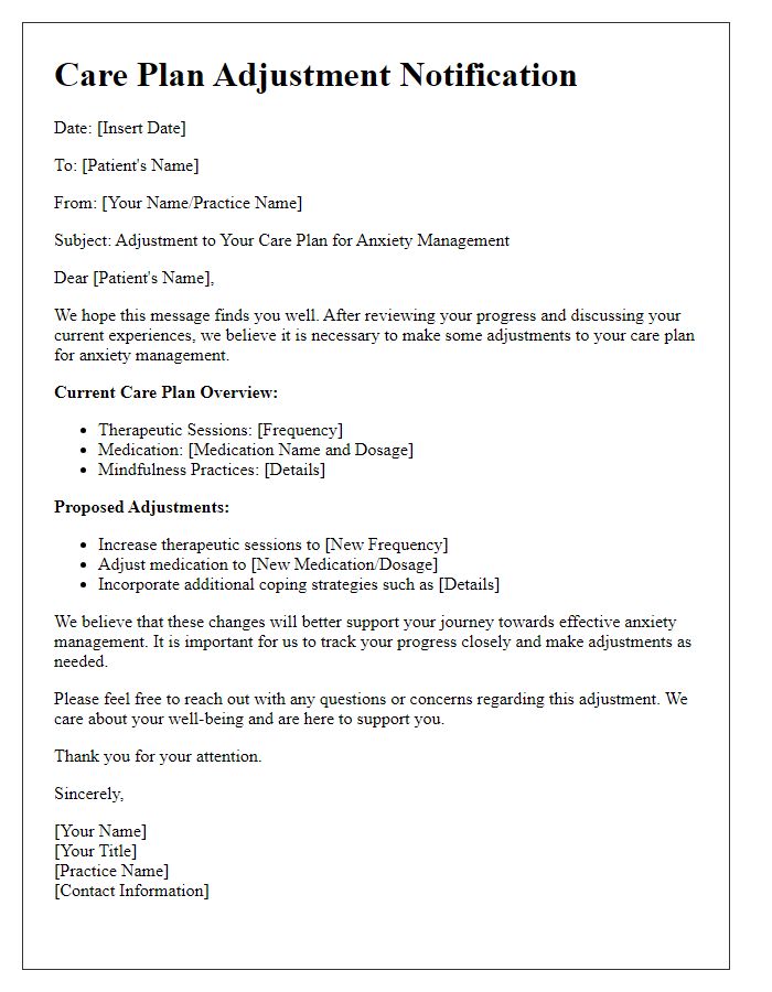 Letter template of care plan adjustment for anxiety management