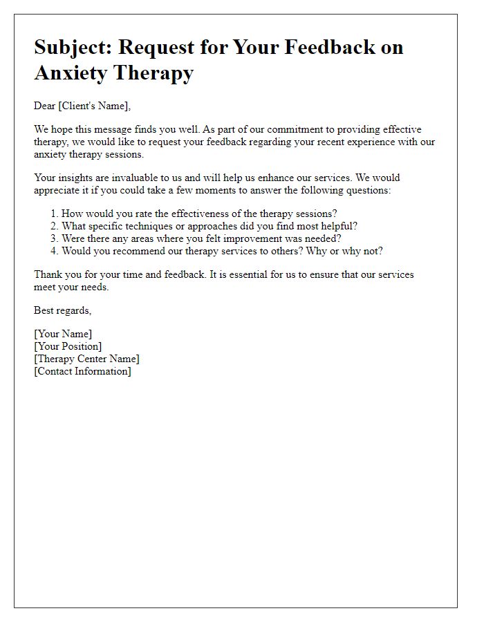 Letter template of feedback request for anxiety therapy effectiveness