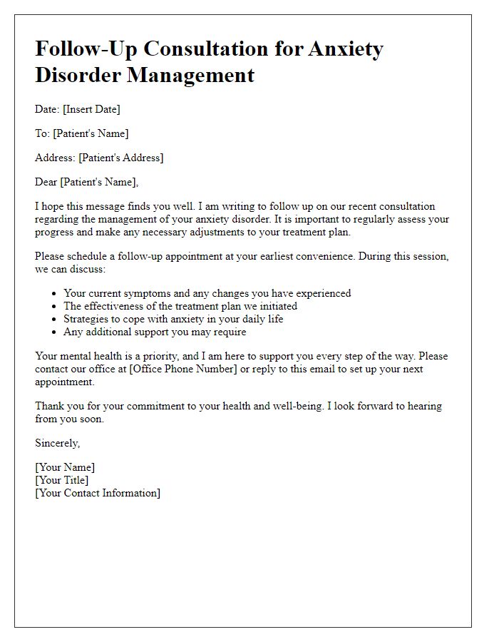 Letter template of follow-up consultation for anxiety disorder management