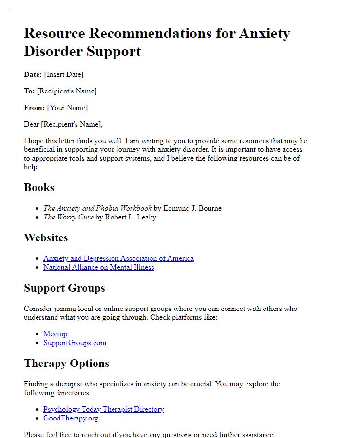 Letter template of resource recommendations for anxiety disorder support