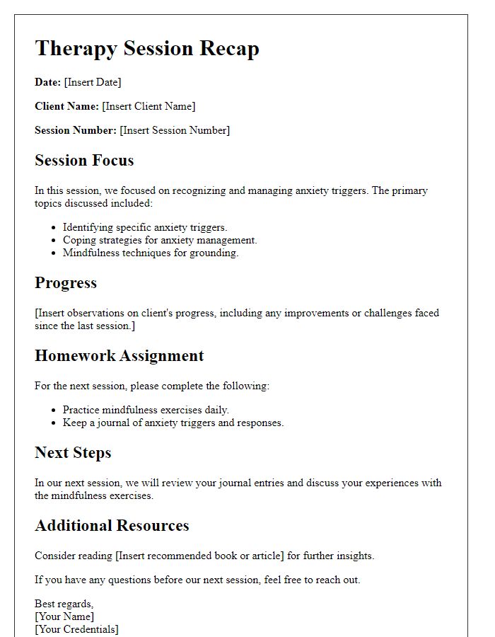 Letter template of therapy session recap for anxiety disorder