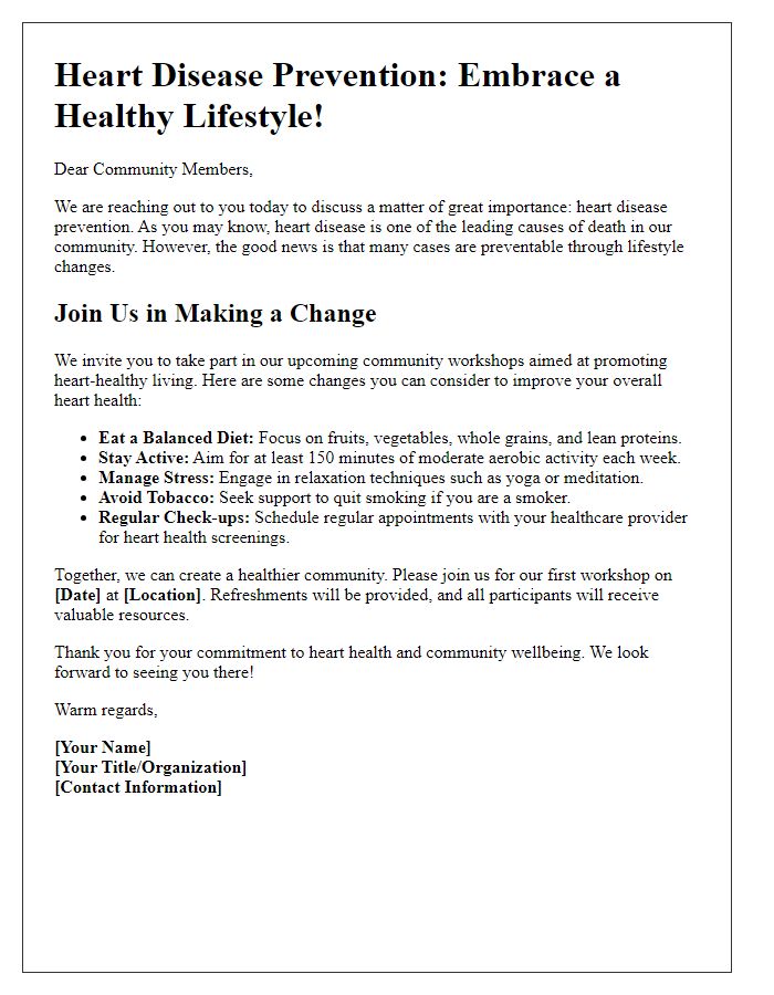 Letter template of heart disease prevention lifestyle change for community outreach