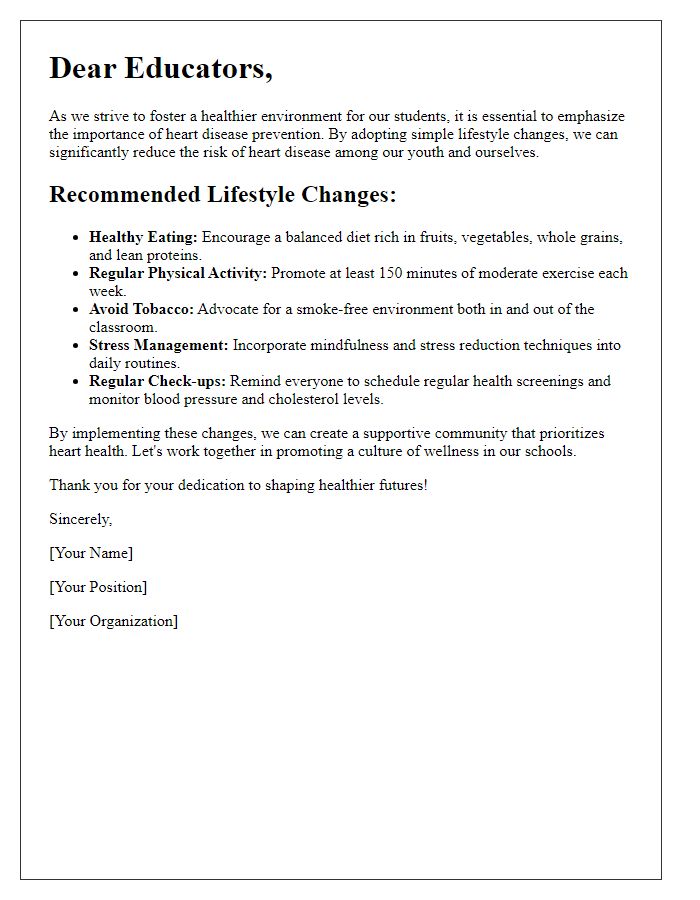 Letter template of heart disease prevention lifestyle change for educators