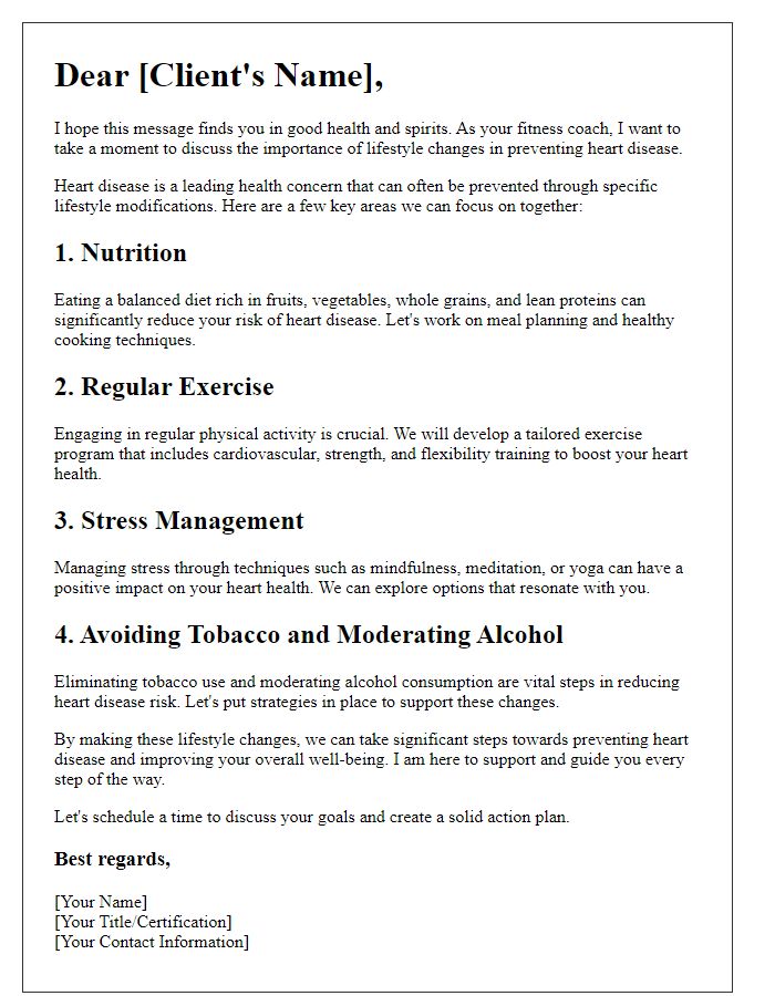 Letter template of heart disease prevention lifestyle change for fitness coaches