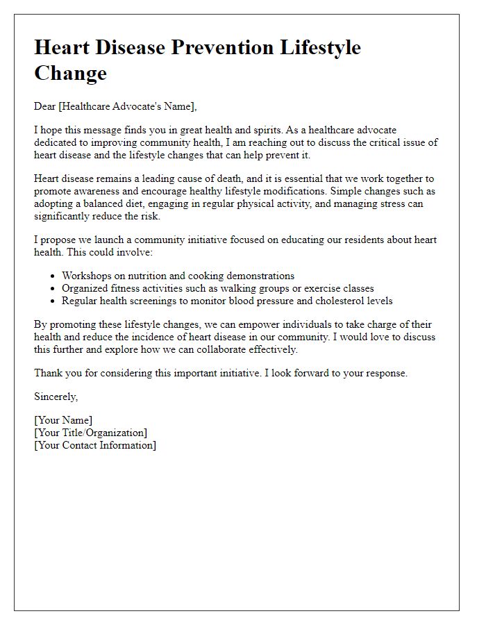 Letter template of heart disease prevention lifestyle change for healthcare advocates