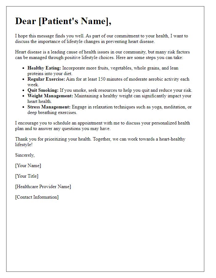 Letter template of heart disease prevention lifestyle change for healthcare providers