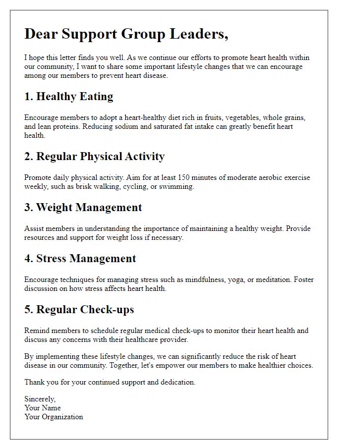 Letter template of heart disease prevention lifestyle change for support group leaders