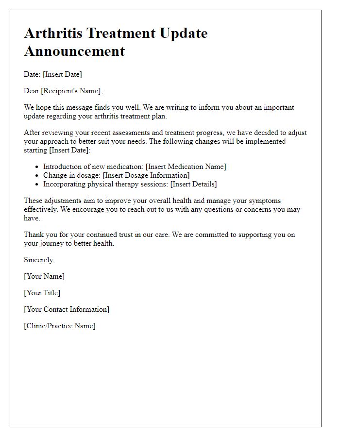 Letter template of arthritis treatment update announcement