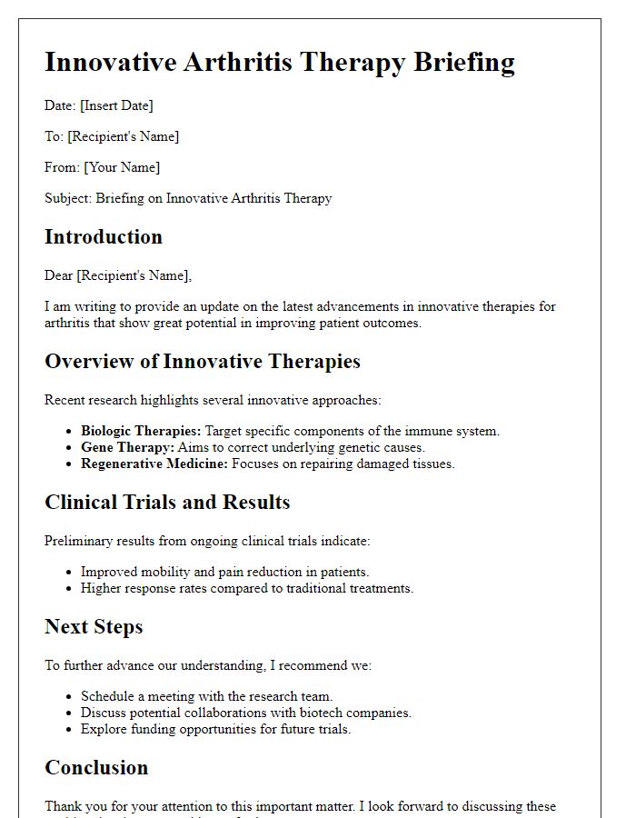 Letter template of innovative arthritis therapy briefing