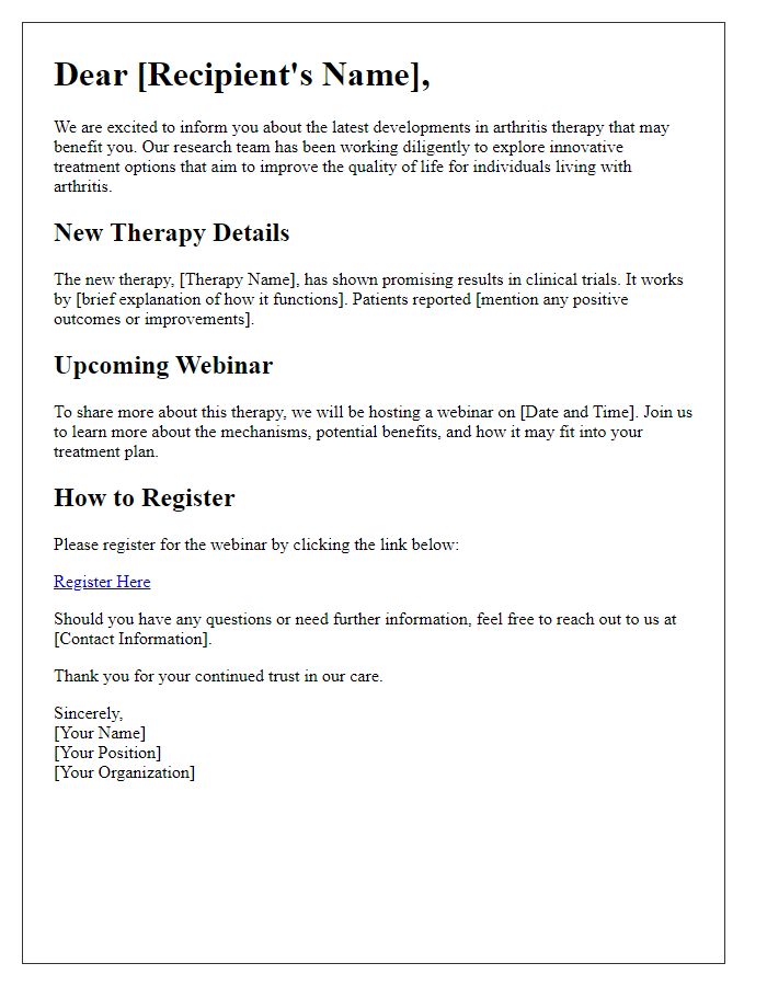 Letter template of notification for new arthritis therapy developments