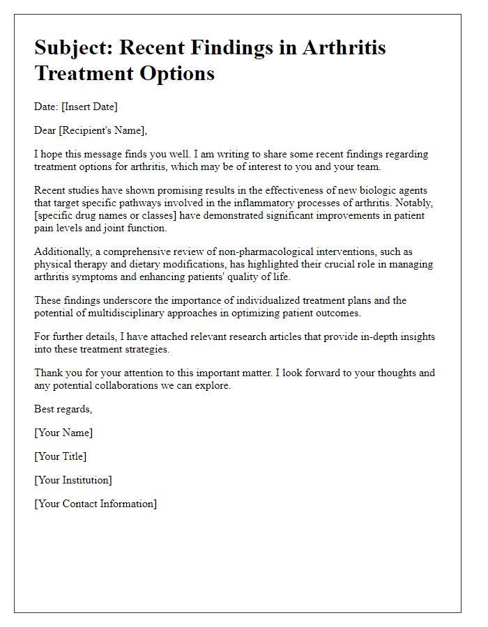 Letter template of recent findings in arthritis treatment options