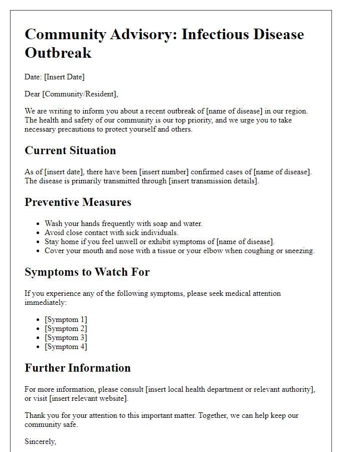 Letter template of infectious disease outbreak advisory for community awareness