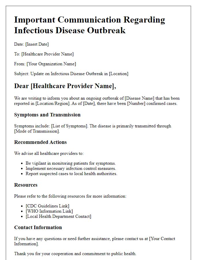 Letter template of infectious disease outbreak communication to healthcare providers