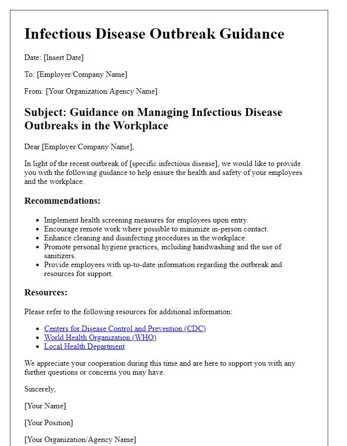 Letter template of infectious disease outbreak guidance for employers