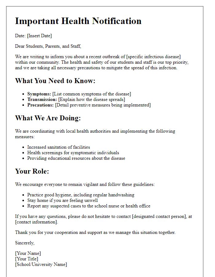 Letter template of infectious disease outbreak information for schools and universities