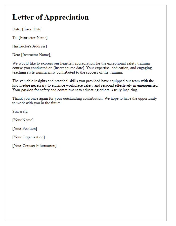 Letter template of appreciation for safety training course instructors