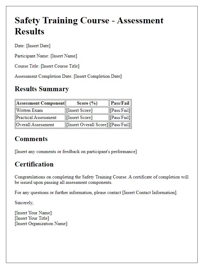 Letter template of assessment results for safety training course