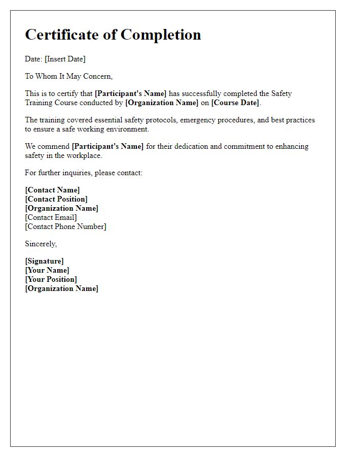 Letter template of completion for safety training course