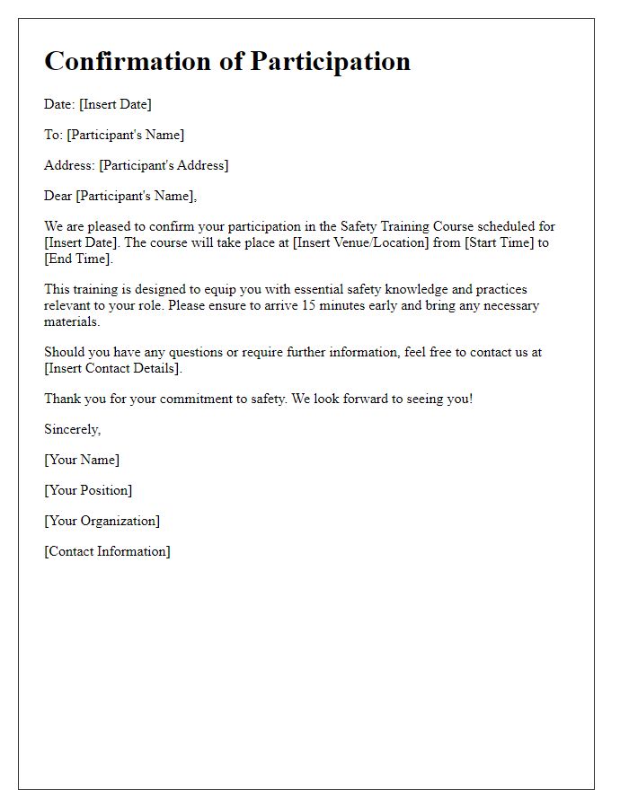 Letter template of confirmation for safety training course participation