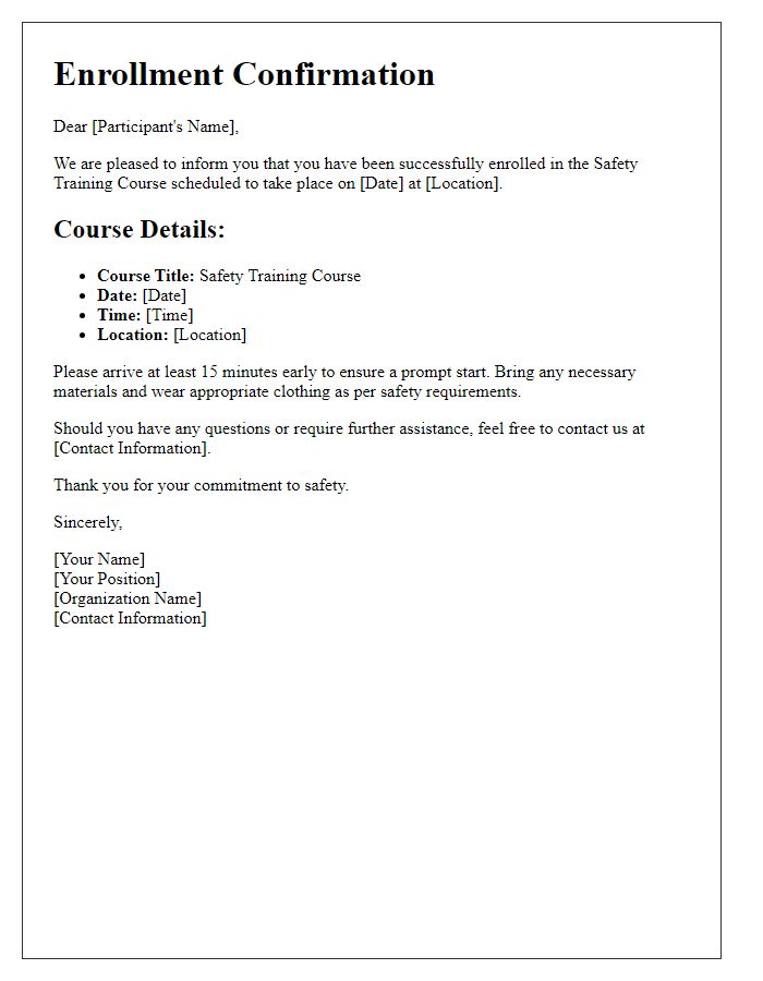 Letter template of enrollment for safety training course