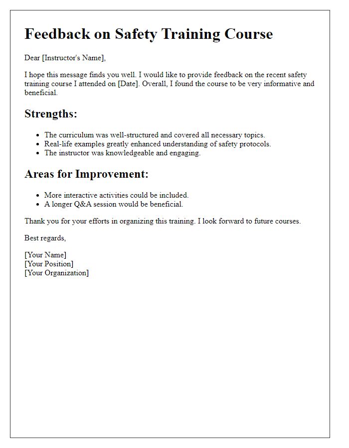 Letter template of feedback for safety training course