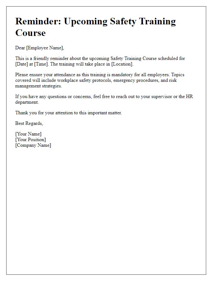 Letter template of reminder for upcoming safety training course