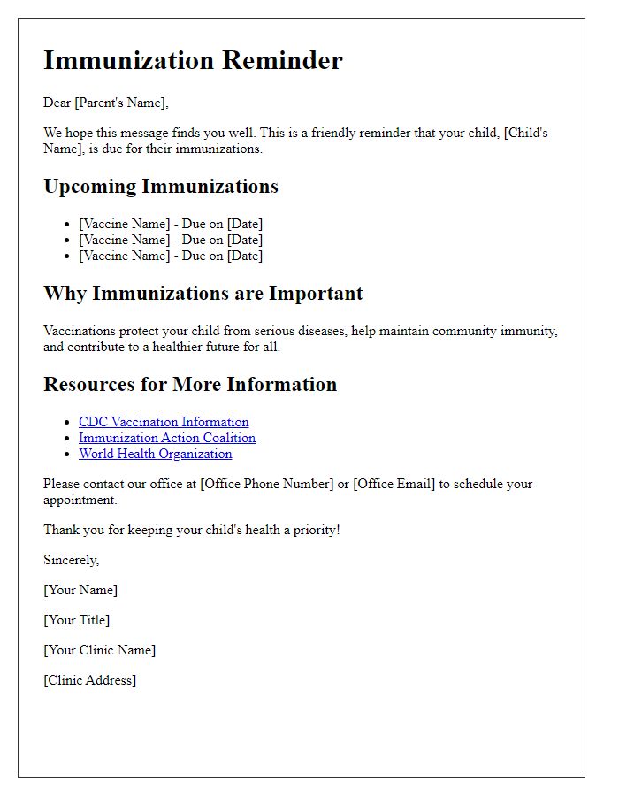 Letter template of pediatric immunization reminder and resources