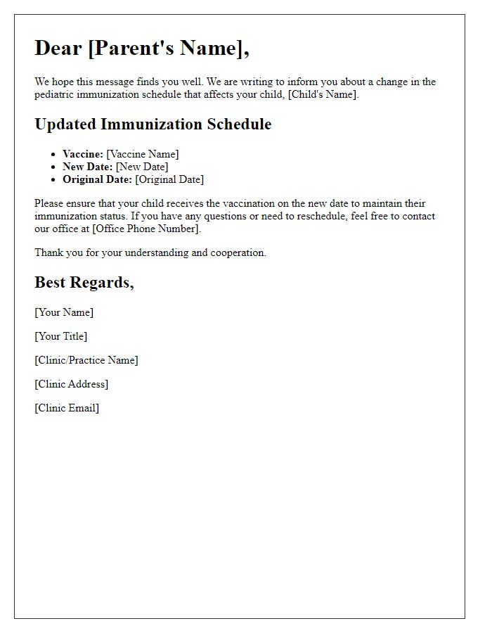 Letter template of pediatric immunization schedule change