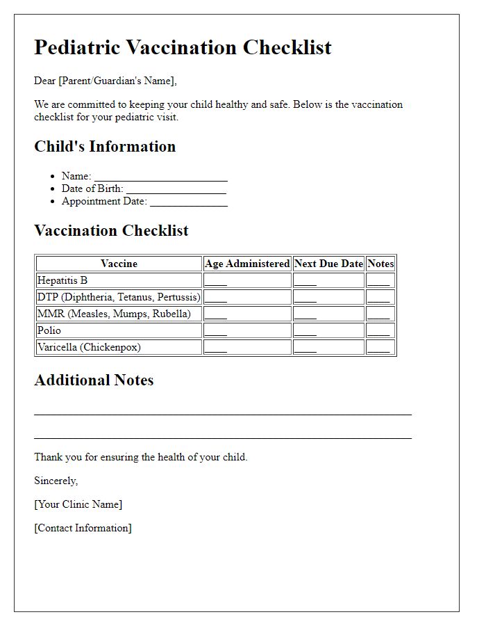 Letter template of pediatric vaccination checklist