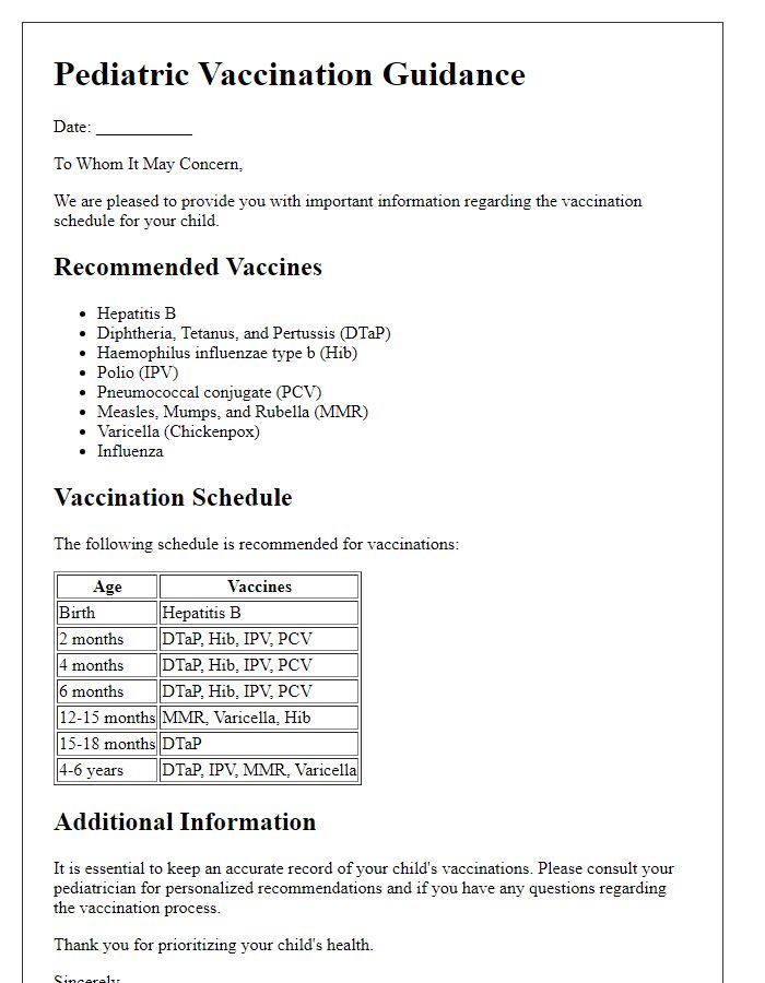 Letter template of pediatric vaccination guidance