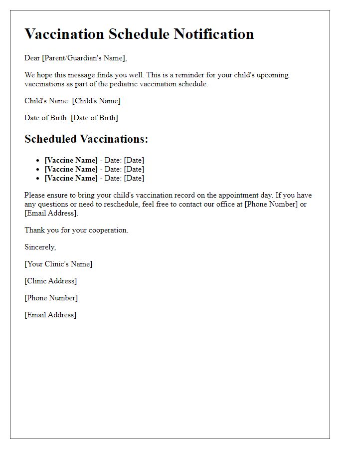 Letter template of pediatric vaccination schedule notification