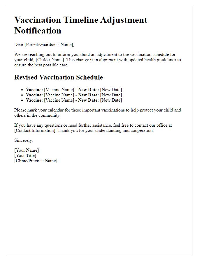 Letter template of pediatric vaccination timeline adjustment