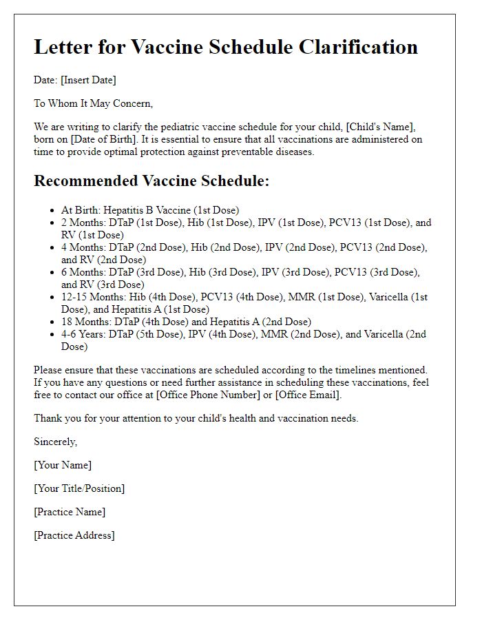 Letter template of pediatric vaccine schedule clarification