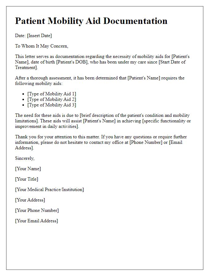 Letter template of patient mobility aid documentation for medical records.