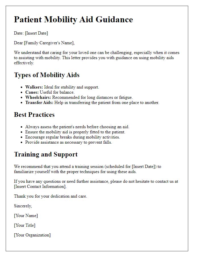 Letter template of patient mobility aid guidance for family caregivers.