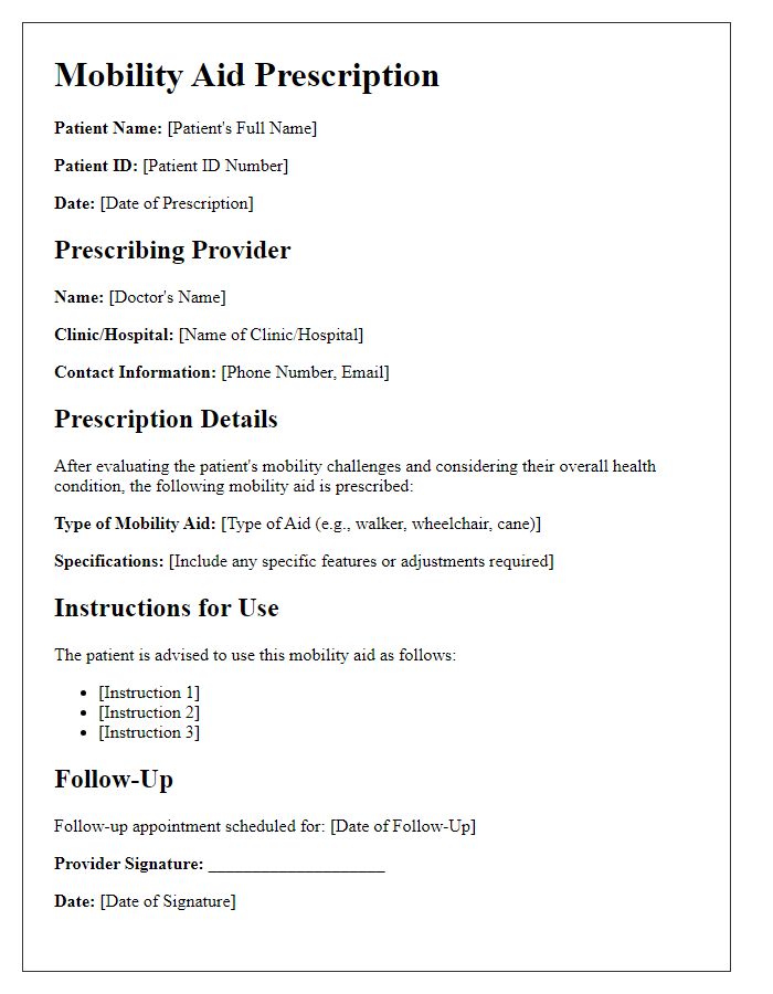 Letter template of patient mobility aid prescription for elderly support.