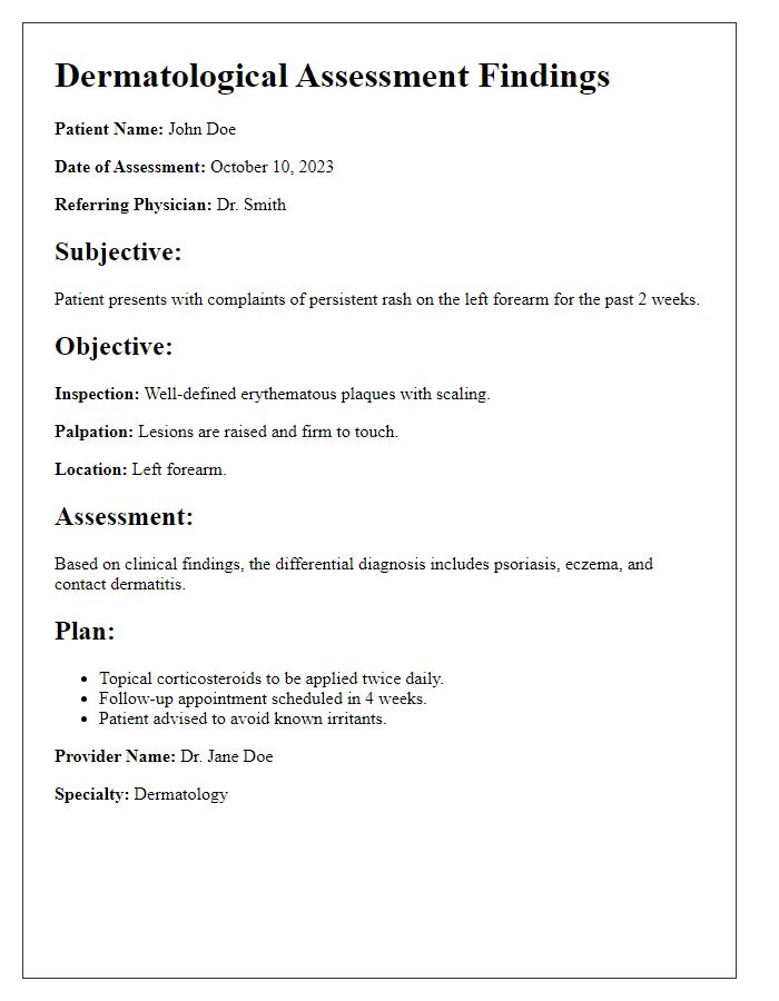 Letter template of dermatological assessment findings for medical records.