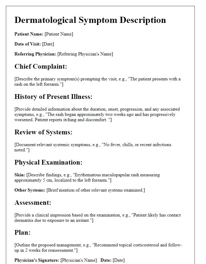 Letter template of dermatological symptom description for clinical documentation.