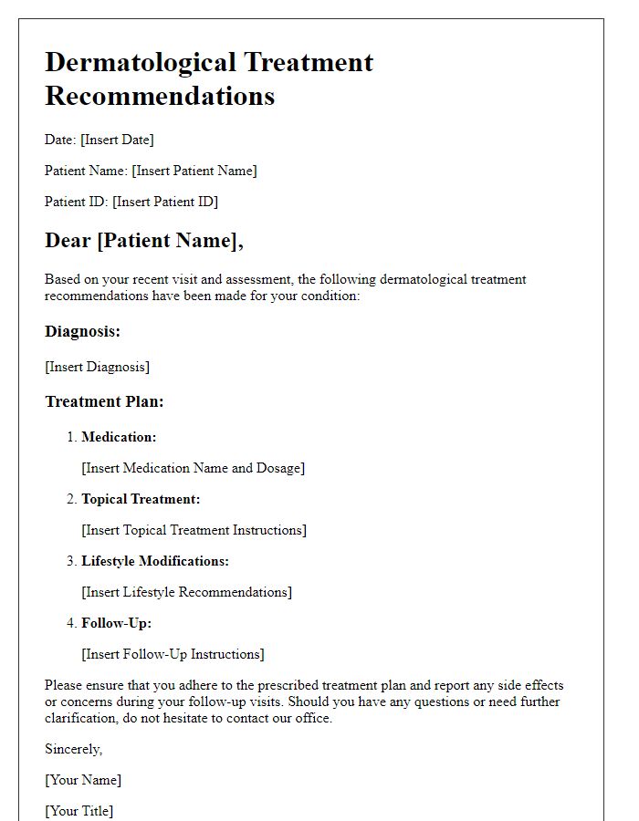 Letter template of dermatological treatment recommendations for patient management.