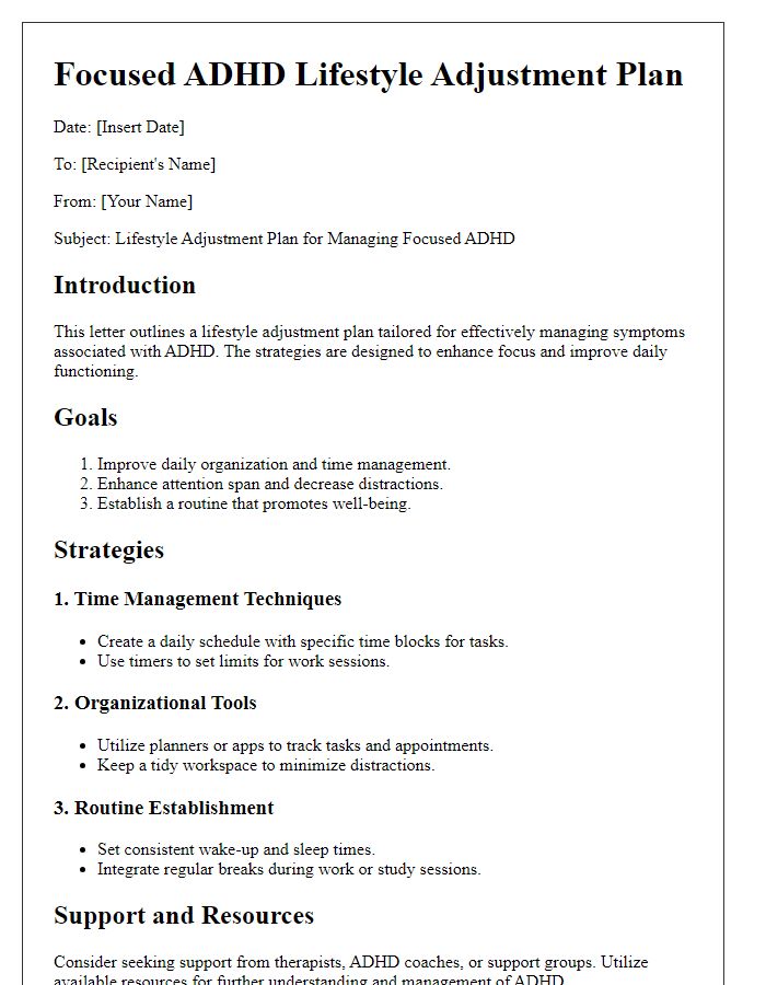 Letter template of focused ADHD lifestyle adjustment plan.